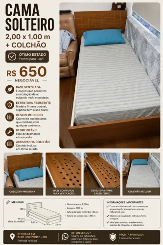 CAMA SOLTEIRO 2,00 x 1,00 m + COLCHÃO | ÓTIMO ESTADO