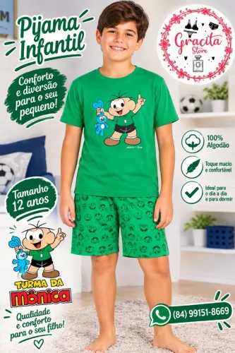 Pijama Turma da Mônica Cebolinha 100% Algodão