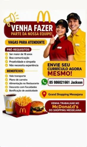 VAGA DE EMPREGO| ATENDENTE DE RESTAURANTE - MCDONALD'S