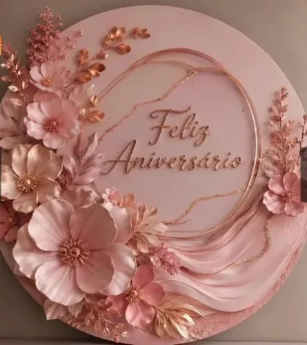 Painel redondo de tecido sublimado decoração Feliz aniversário Cor Rosê