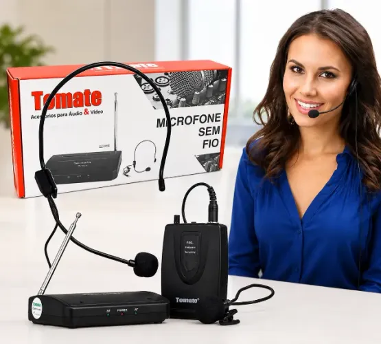 Microfone Profissional Sem Fio com Headset de Lapela Tomate Mt-2201