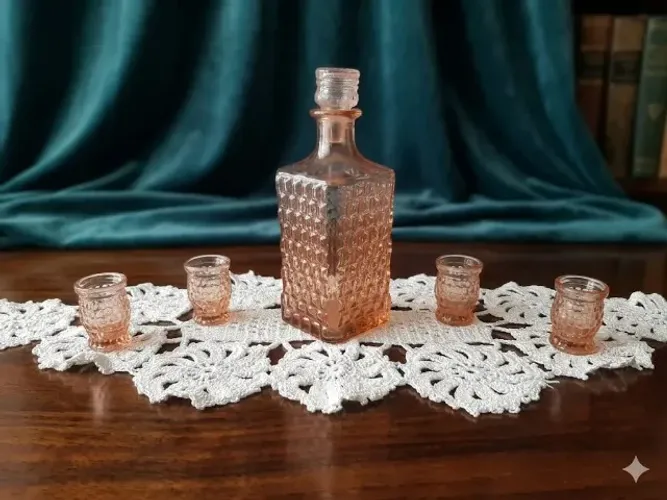 Conjunto de Licoreira Art Déco em Vidro Rosa