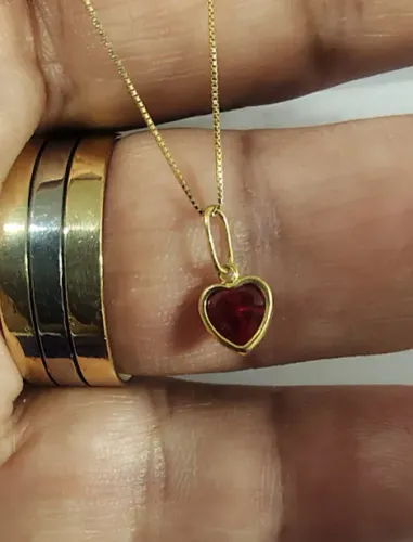 Gargantilha com Coração Zircônia Vermelha 6 mm Ouro 18 Kilates Cordão Peso 0.89 