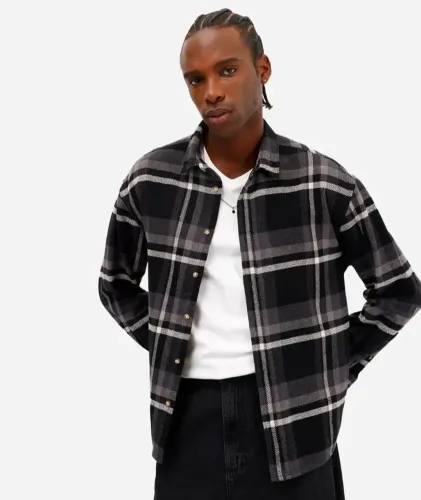 Camisa Masculino de Algodão Manga Longa Xadrez Preto PP