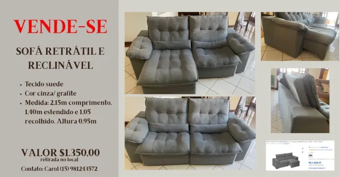 Sofá Retrátil e Reclinável 3 Lugares Suede Cinza - Excelente Estado