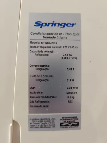 Ar condicionado springer 9.000 btus (com defeito)