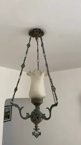 Lustre Pendente Antigo Em Bronze Maciço Com Cúpula Tulipa