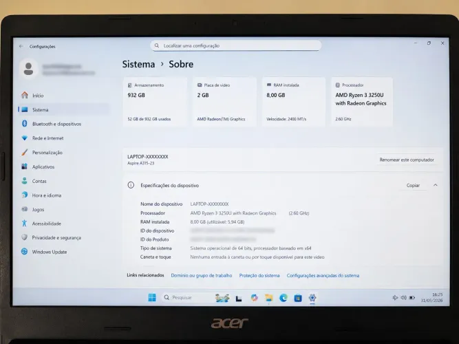 Notebook Acer Aspire 3 - Ryzen 3 | 8GB RAM | SSD 1TB