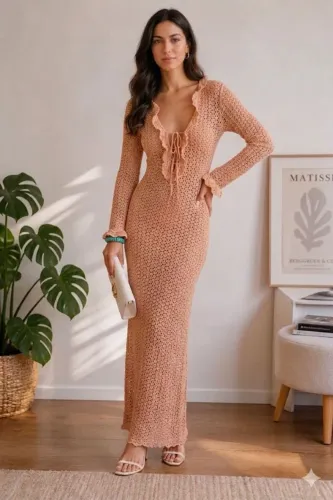 Vestido Longo Renda Crochêt Marrom - Esmeral 
