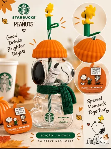 Copo de vidro Starbucks e Snoopy Peanuts