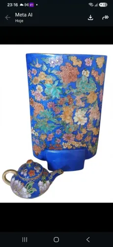 Vaso Vintage 23,5cm Azul Cobalto Pintado à Mão Estilo Cloisonné + bule chinês