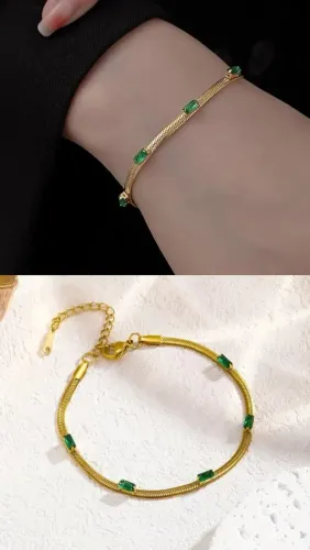 Pulseira feminina dourada pedras verdes em aço inoxidável
