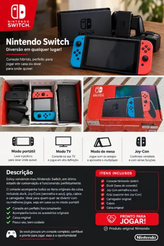 NINTENDO SWITCH COMPLETO + CAIXA ORIGINAL