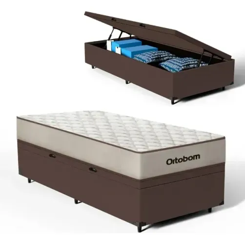 Colchão Solteiro Premium Ortobom + Base Baú Solteiro Suede Marrom