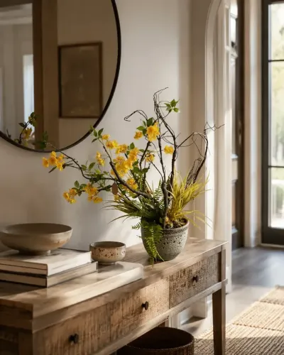 Arranjo Estilo Ikebana com Flores Amarelas e Galhos - Vaso Rústico Verde Oliva