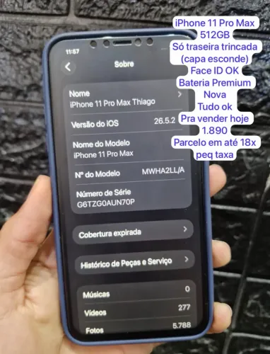iPhone 11 pro Max 512gb. Traseira trincada - Tudo ok