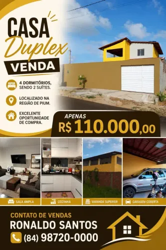 Vendo casa no Pium, 4 dormitórios sendo 1 suíte, apenas 110 mil reais!