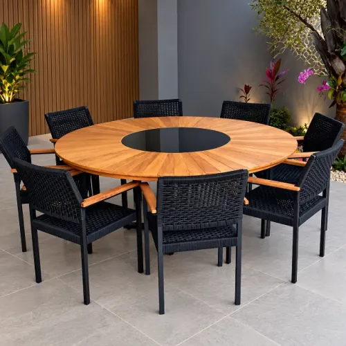 Mesa área gourmet com cadeiras em corda náutica 