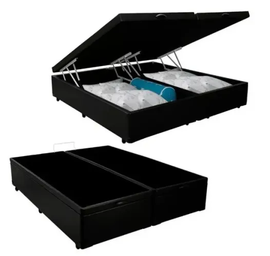 Cama-Box Baú Queen Bipartido Preto Sintético 158x198x45cm