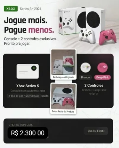 Xbox Series S 2 controles + pilhas recarregavel com carregador