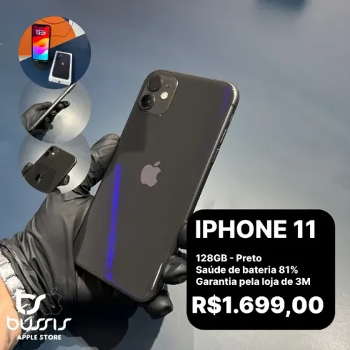IPhone 11 na cor Preto 128Gb Saúde de Bateria 81% Semi Novo | Loja Física |