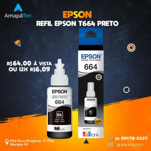 Refil De Tinta Epson Para Ecotank BK 664 70ML Black