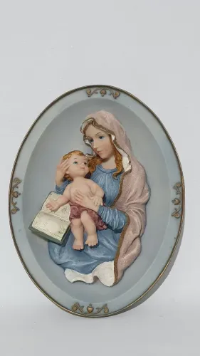 Escultura de parede em resina- Nossa Senhora com Menino Jesus