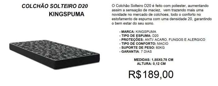 Colchão Solteiro D20 super resistente - ideal pra chacaras, obras, crianças-ENTREGA GRATIS