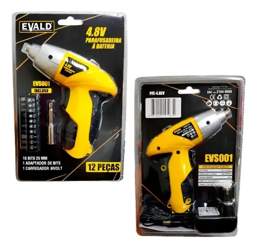 Parafusadeira Bateria 4,8v Torque 3 Nm Kit 12 Peças Evald EVS001 Cor Amarelo