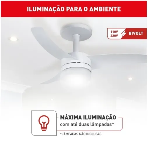 2 Ventiladores de Teto Arno Vx13 Bivolt Branco 3 Pás Controle Remoto 