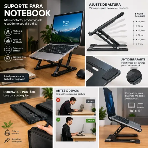 Suporte para Notebook Dobrável Ajustável - Ergonômico e Portátil