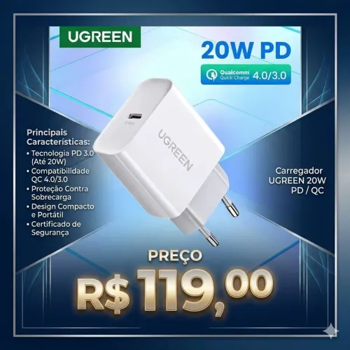 Carregador Rápido Ugreen 20W PD USB-C - Original e Homologado