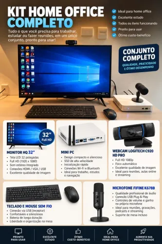 Kit Home Office Completo: Mini PC + Monitor 32? + Webcam Logitech + Microfone Fifine