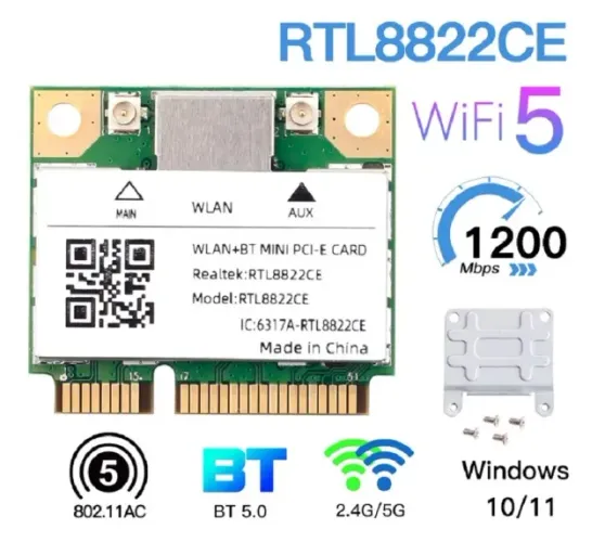 Placa de Rede WiFi Realtek RTL8822 Dual Band (2.4/5 Ghz) com Bluetooth para Notebooks