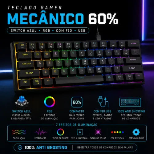 Teclado Gamer Mecânico RGB 60% Anti Ghosting Switch Azul