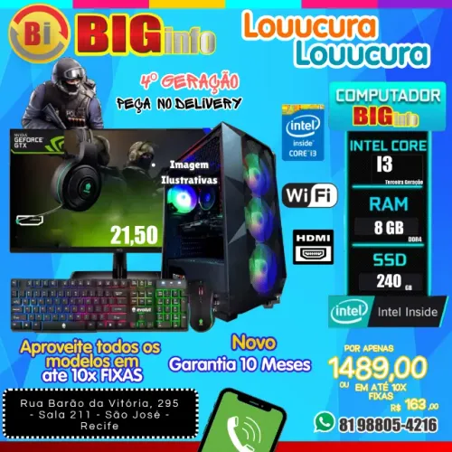 Computador Core i3 / 8gb DDR3 / SSD 240 / Monitor 21,5 / Wifi / Teclado / Mouse / Headset