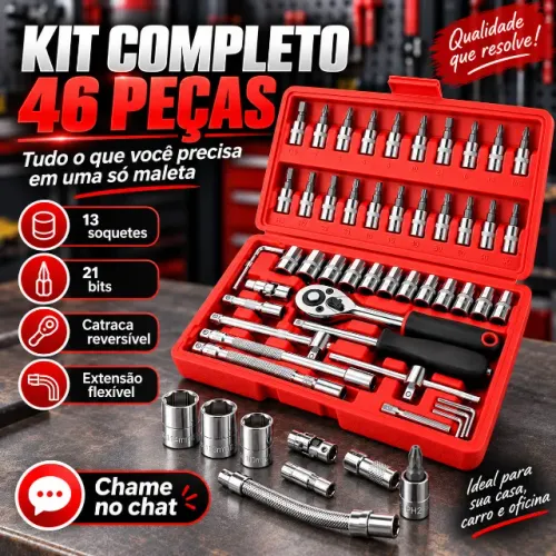 Jogo de Ferramentas 46 Peças com Catraca e Maleta