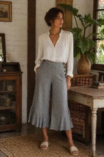 Calça pantacourt estilo vintage listrada