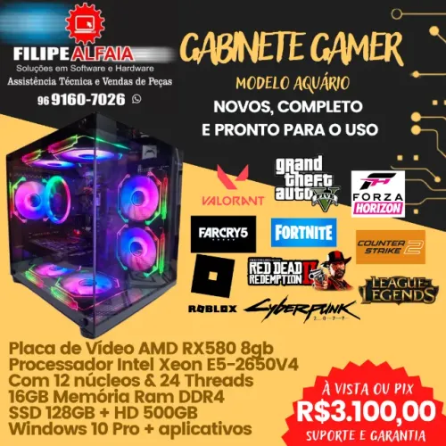 GABINETE GAMER PREMIUM PRONTO PRA USO - MODEL AQUÁRIO | XEON 12 NÚCLEOS + 16GB + RX580 8GB