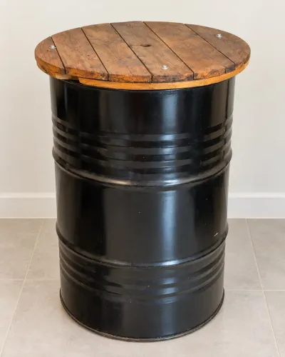 Mesa Bistrô de Tambor 200L com Tampo de Madeira - Estilo Industrial