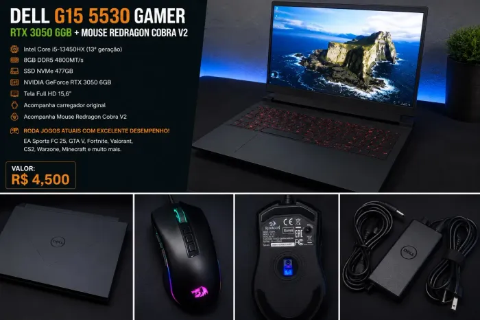 Dell G15 5530 Gamer RTX 3050 6GB | i5 13ª Geração | Tela 120Hz + Mouse Redragon Cobra v2 