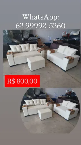 Sofá 3 lugares + Puff em tecido aveludado