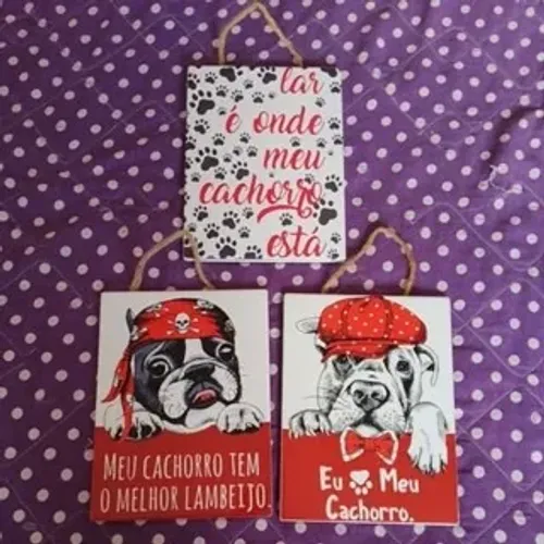 kit 3 quadros decoradtivos em azulejo de pets dog cachorro 