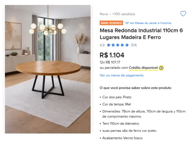 Mesa Redonda Industrial 110cm 6 Lugares Madeira E Ferro - NUNCA USADA
