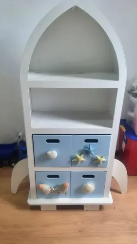 Estante Infantil com Gavetas formato foguete - Tema Marinho Azul e Branco