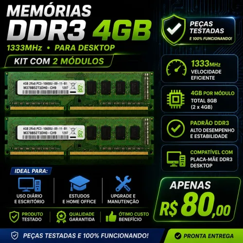 MEMÓRIA DDR3 4GB 1333MHz - TESTADA E FUNCIONANDO