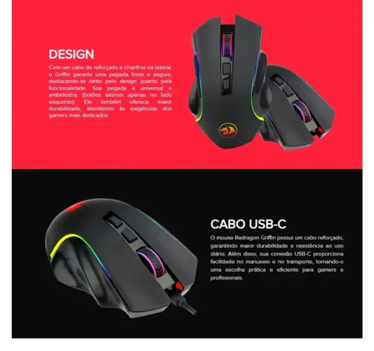 Redragon Mause Modelo Gamer Griffin M602-KS Preto<br>