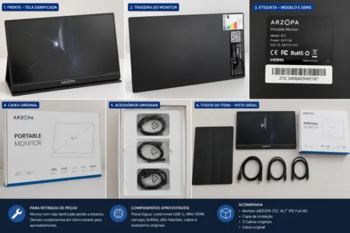 Monitor Portátil ARZOPA Z1C 16,1" IPS Full HD - Para Retirada de Peças