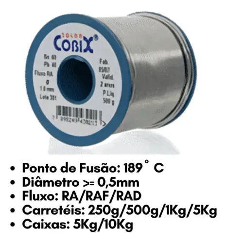 Solda Estanho 1mm 60x40 (snxpb) C/ Fluxo Rolo 250g - Cobix