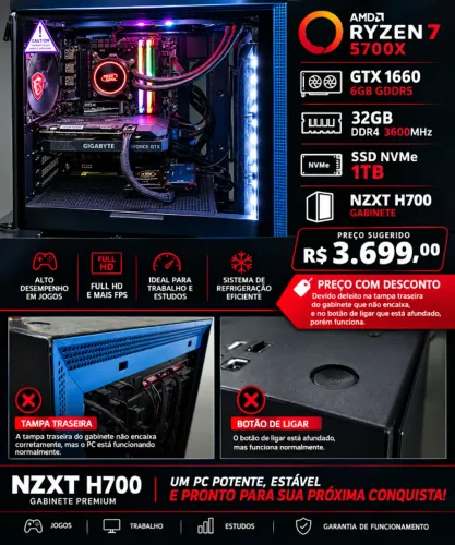 AMD Ryzen 7 5700x GTX 1660 6gb 32GB 3600z SSD Nvme 1TB NZXT H700